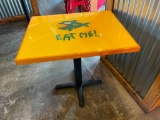 Restaurant Table: Single Pedestal, Yellow HD Lacquer Top w/ Eat Me Fish Logo, 24in x 30in x 30in
