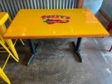 Restaurant Table: Double Pedestal, Yellow HD Lacquer Top w/ Fuzzy's Taco Shop Logo, 48in x 30in x