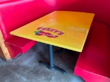 Restaurant Table: Booth Table, Curved on One Side, Yellow HD Lacquer Fuzzy's Logo, 39in W, 30in H,