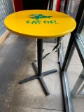 Pub Table: Single Pedestal Base, Yellow HD Lacquer Top w/ Eat Me Fish Logo, 42in T 30in Round