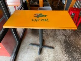 High Top Table: Single Pedestal Base, Yellow HD Lacquer Top w/ Eat Me Fish Logo, 48in T 24in