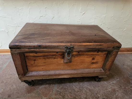 Primitive Wood Trunk w/ Old Casters, 2 Interior Storage Boxes, Early