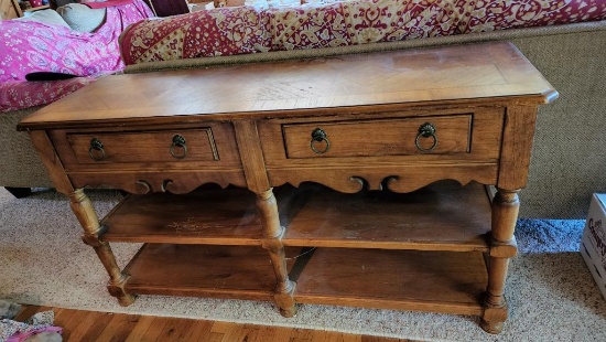 HEKMAN Two Drawer Sofa Table w/ Lower Shelves, Inlaid Wood, Grand Rapids MI