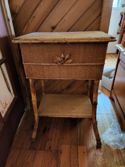 Unique Wicker and Wood Cabinet, Hinged Top w/ Inner 6-Divider Storage Tray