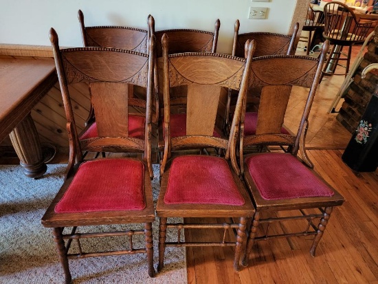 Matching Set of 6 Oak Carved Arts & Craft Chairs