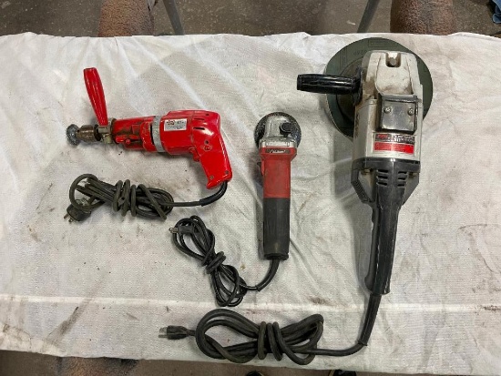 3 Tools; Red head MN: 606-3 Drill, Avid Power Angle Grinder AAG590, Skil 9in Disc Sander Super Duty