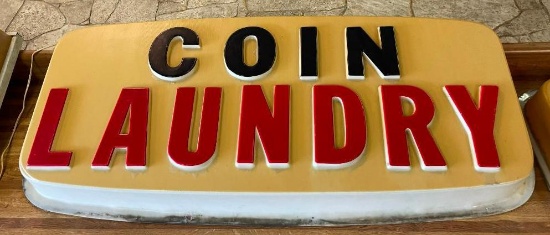 Lot of 2 Coin Laundry 48in Plastic Signs, 1 Good, 1 w/ Crack in Front