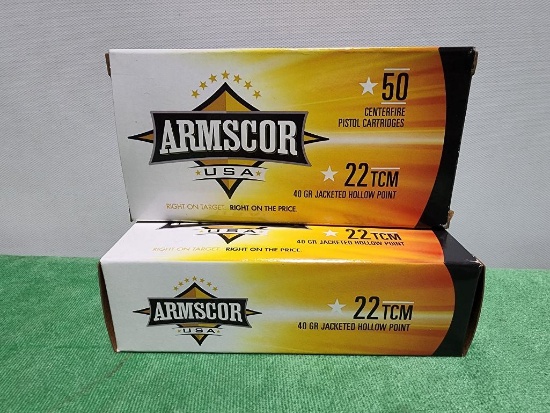 (2) Armscor USA 40 Gram Jacketed Hollow Point 22 TCM - 50 Cartridges Each, 100 Total