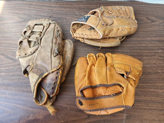 Lot of 3 Old Leather Baseball Gloves