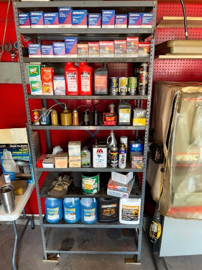 Metal Shelf and Contents - New Shop Supplies, Filters, Windshield Wash, Oil Cans, Misc.