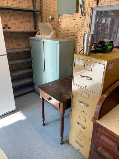 Antique Side Table w/ Drawer, Metal File Cabinet, Metal Shelving, Metal Book Case