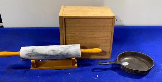 Cast Iron Skillet Fry Pan, Rolling Pin, Wood Box