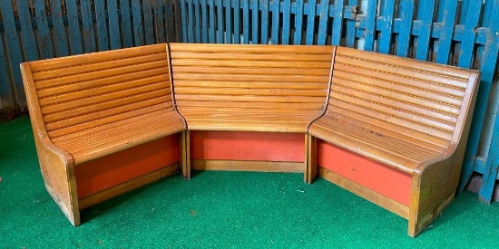 3 Piece Bowling Alley Pine Corner Bench Seats, Vintage Omaha Alley