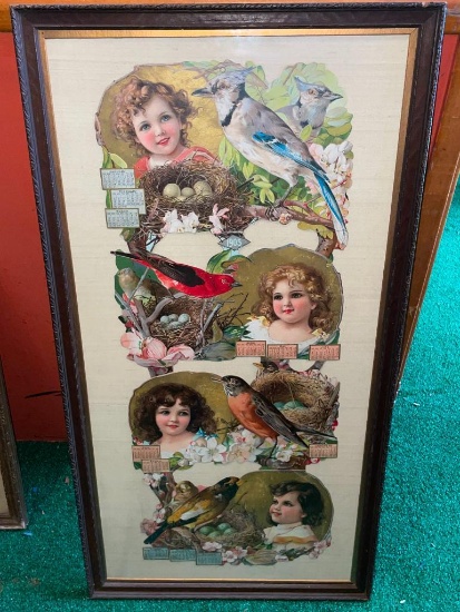 c. 1905 Vertical Yardlong Calendar w/ Antique Graphics of Girls & Birds