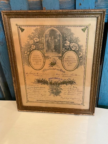 c. 1899 Benziner Brothers Marriage Certificate Gilded Frame from 1908 Marriage, Nebr.