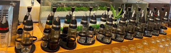 9 Bottle Racks, ea w/ 3 Condiment Bottles