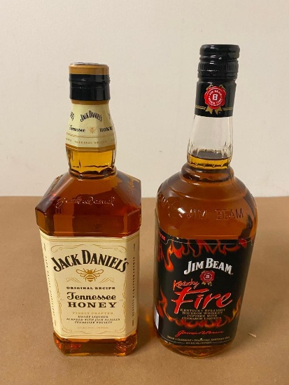 2 Bottles, Jack Daniels Honey Whiskey, Jim Beam Fire (Cinnamon) 1 Liter ea