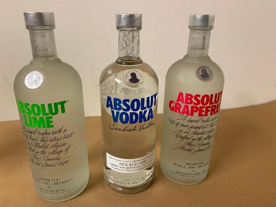 3 Bottles, Absolut Vodkas, Orig., Grapefruit and Lim, 1 Liter ea