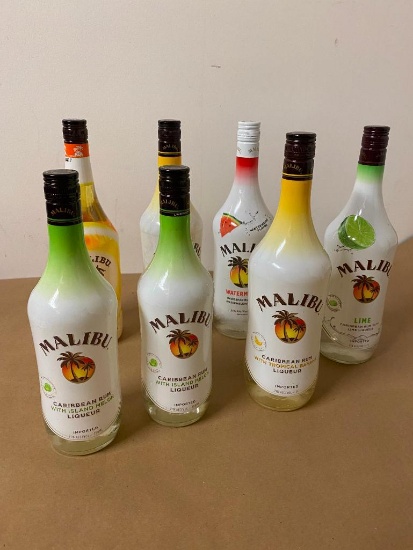 7 Bottles Malibu Rums, (2) Melon 750ml, Sunshine, Watermelon, Banana & Lime 1 Liter ea.