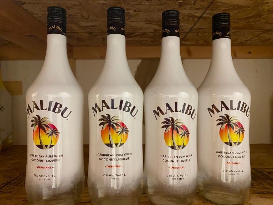 4 Bottles, Malibu Coconut Rum Liqueur, 1 Liter ea.
