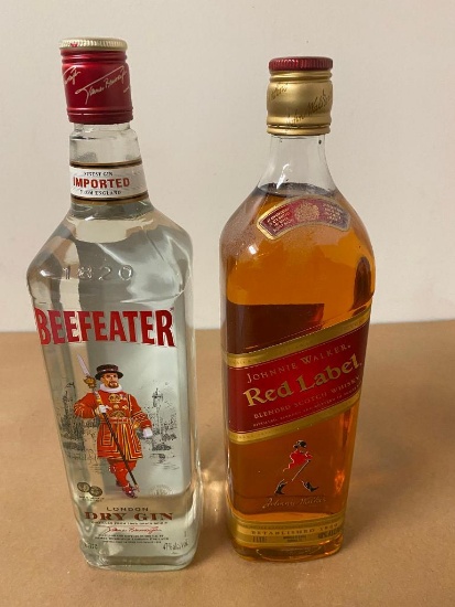 2 Bottles, 1 ea. Beefeater London Dry Gin, Johnnie Walker Red Label Scotch, 1 Liter ea