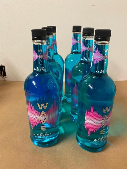6 Bottles, WAVE Vodka Blue Raspberry, 1 Liter Bottles