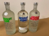 3 Bottles, Absolut Vodkas, Orig., Grapefruit and Lim, 1 Liter ea