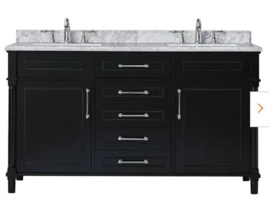 Aberdeen 60 in. W x 22 in. D Vanity in Black with Carrara Marble Top with White Sinks SKU 1002654632