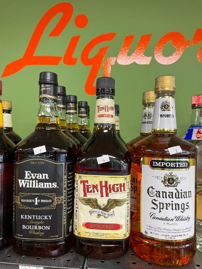 11 Bottles 1.75L Whiskey - (5) Evan Williams, (4) Ten High & (2) Canadian Springs