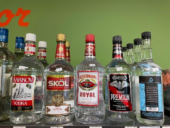 13 Bottles Vodka - 1.75L (2) Karkov, (3) Skol, (3) Fleischmann's, (1) Barton & 1L (4) Brickway