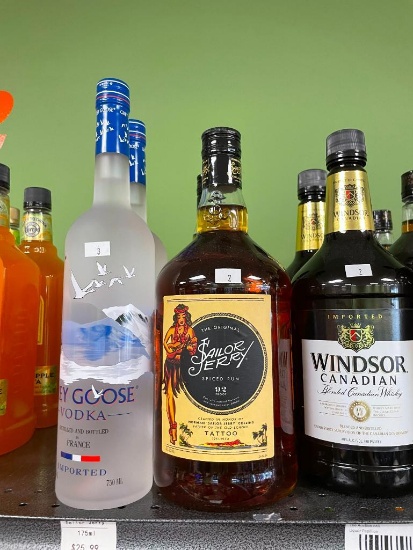 7 Bottles - (3) Grey Goose 750ml, (2) Sailor Jerry Rum 1.75L & (2) Windsor Whisky 1.75L
