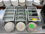 70 Round Aluminum 7-1/2in Pans and Silverware and Caddys