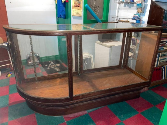 Antique Wood & Glass Curved Counter Showcase, Rear Sliding Doors, 72in x 42in h x 25in, VG Cond.