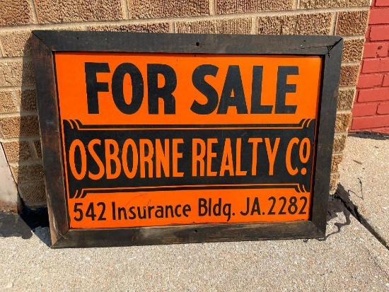 Vintage Wood Framed Metal Sign, Osborne Realty Co. For Sale 29in x 22in