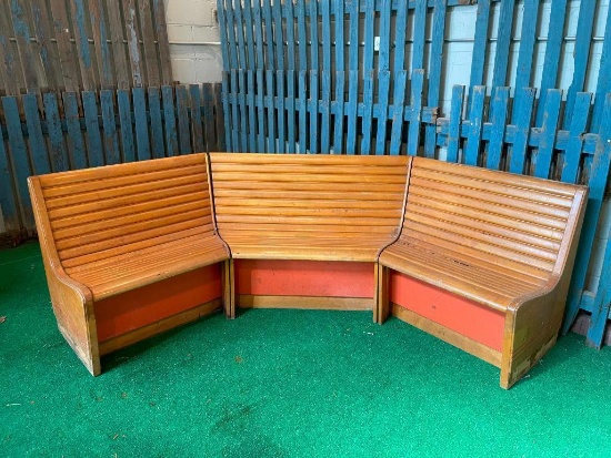 3 Piece Bowling Alley Pine Corner Bench Seats, Vintage Omaha Alley