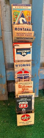 Vintage Derby Filling Station Map Rack w/ Misc. Map Inventory