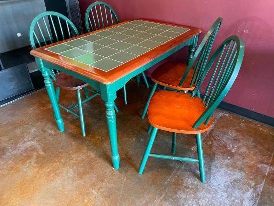Farm House Table w/ 4 Chairs, Tile Top Table, 48in x 30in x 30in, Windsor Style Chairs