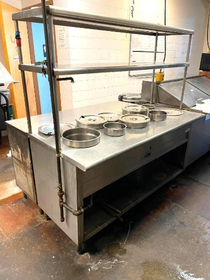 Stainless Steel Gas Steam Table w/ Round Inserts, 1 Single Gas Burner for 10 Wells 65in x 30in x