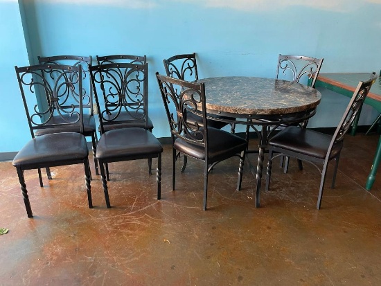 Round Marble Top Table w/ Wrought Iron Framework, 8 Matching Chairs