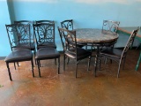 Round Marble Top Table w/ Wrought Iron Framework, 8 Matching Chairs