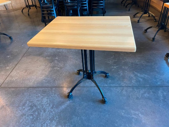 Restaurant Table, Solid Rock Maple Butcher Block Top, Antique Black Iron Ornate Base