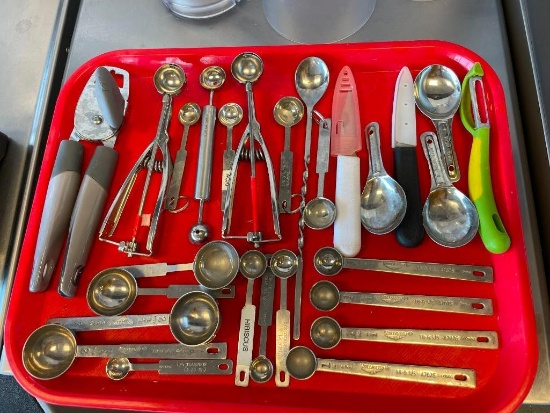 Tray of NSF Measuring Spoons, Knives, Can Opener, Scoops