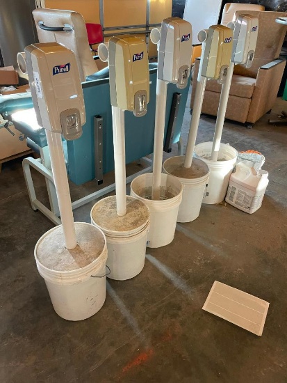 5 Sanitizer Dispensers on Stands in Weighted Concrete Buckets, Some Grout Supply