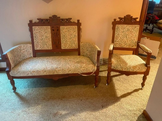 Antique Eastlake Carved Victorian Sofa and Chair, Heavily Detailed