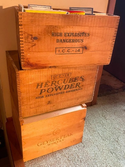 Lot of 3 Wood Crates, 2 Old Explosives Crates, 1 Wine Crate