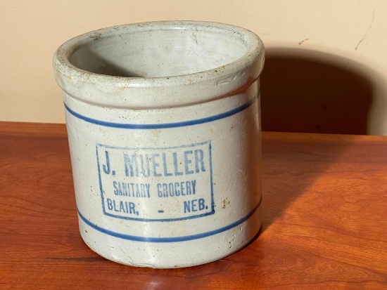 Red Wing Beater Jar - J. Mueller Sanitary Grocery Blair, NEB. - Antique, Eggs, Cream, Salad