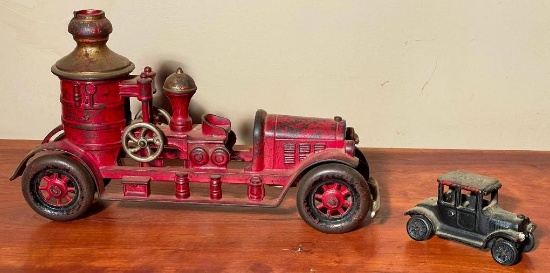 Early Cast Iron Keeton Toys Fire Engine and Vintage Cast Iron Car
