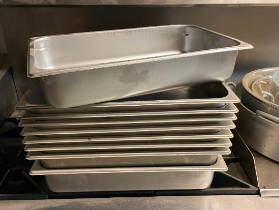 Lot of 9, Stainless Steel NSF 3-1/2in Deep Full-Size Steam Pans