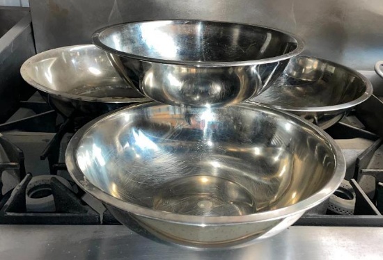 Lot of 4 Stainless Steel Large Mixing Bowls, 16in x 5in D.