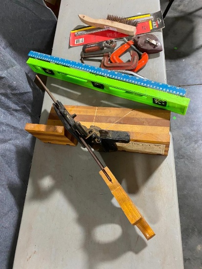 Group of Tools, Manual Miter-Saw, Levels, C-Clamps, Chalk-Line, Wire Brush, Misc.